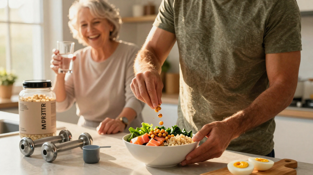 Casal sénior prepara salada saudável na cozinha, com dumbbells e suplemento protéico na bancada.