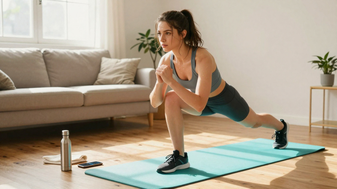 Mulher jovem a fazer exercício de alongamento numa sala de estar com tapete azul e sofá cinza ao fundo.