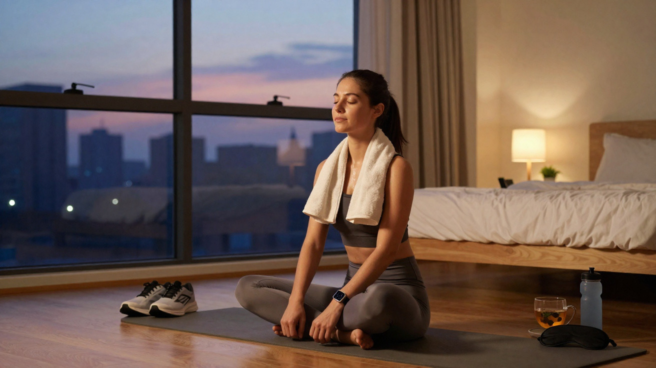 Mulher sentada em posição de meditação num tapete de ioga num quarto com vista para a cidade ao entardecer.
