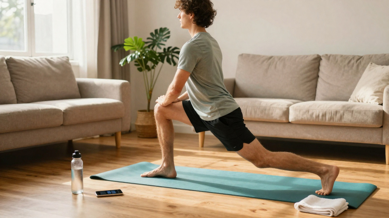 Homem a fazer alongamentos num tapete de yoga na sala de estar com sofá e planta.