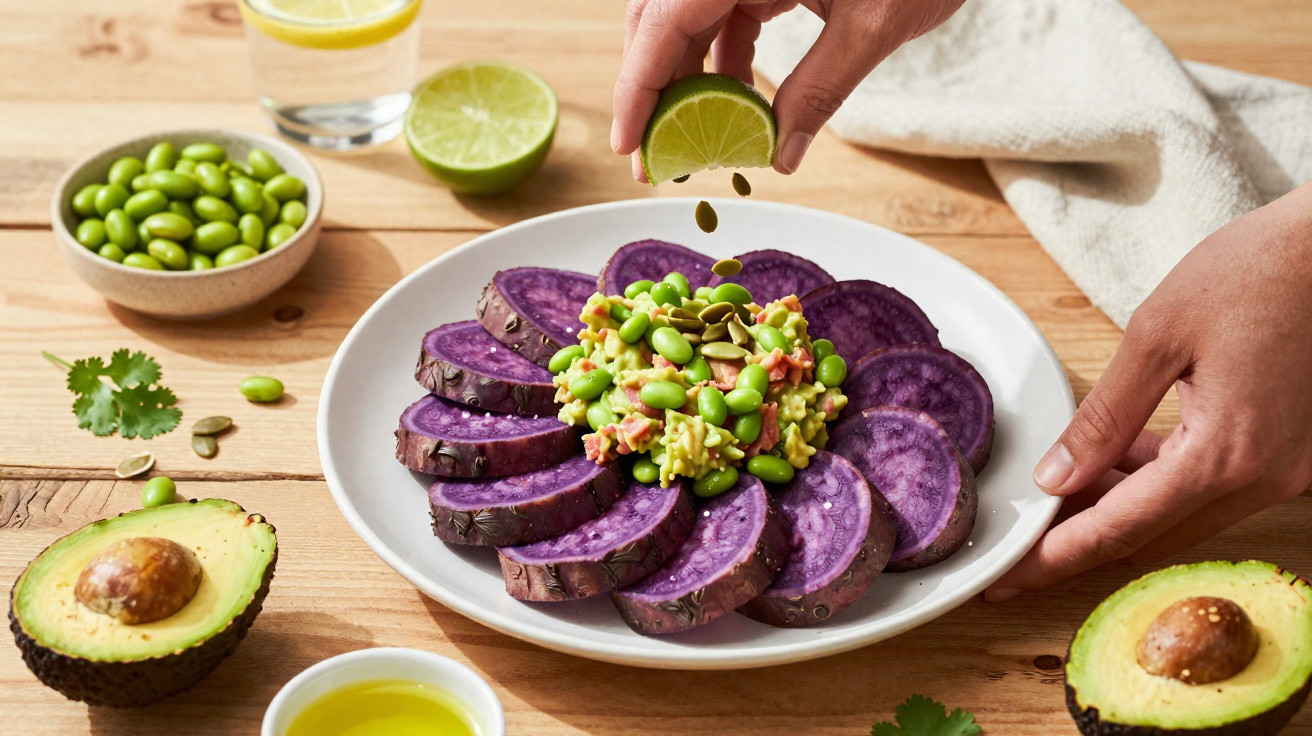 Prato com batata-doce roxa fatiada, guacamole, edamame e sementes, com mãos a espremer lima por cima.