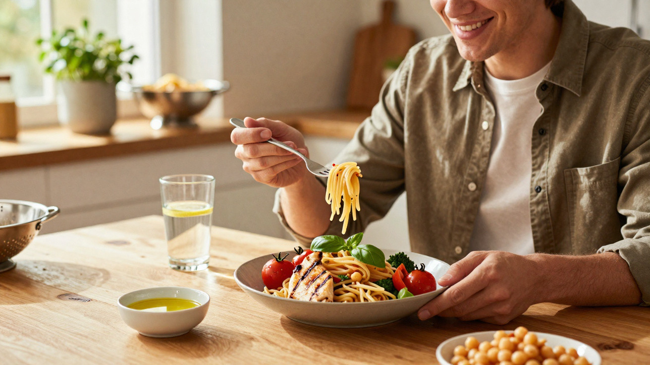 Homem sorridente a comer esparguete com pedaços de frango grelhado e legumes numa cozinha iluminada.