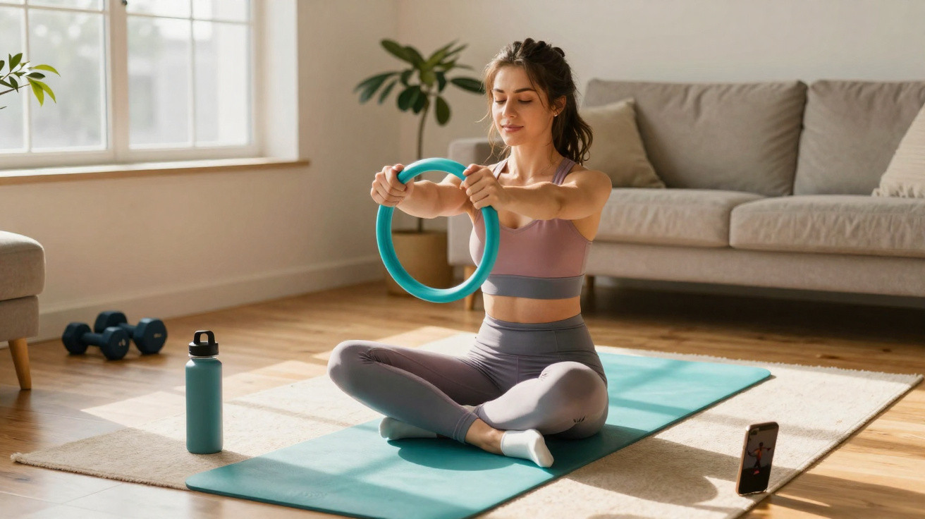 Mulher sentada no tapete a fazer exercício com aro de pilates na sala iluminada.