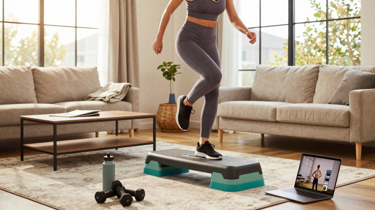 Mulher a fazer exercício de step em casa, ao lado de halteres e computador com treino online.