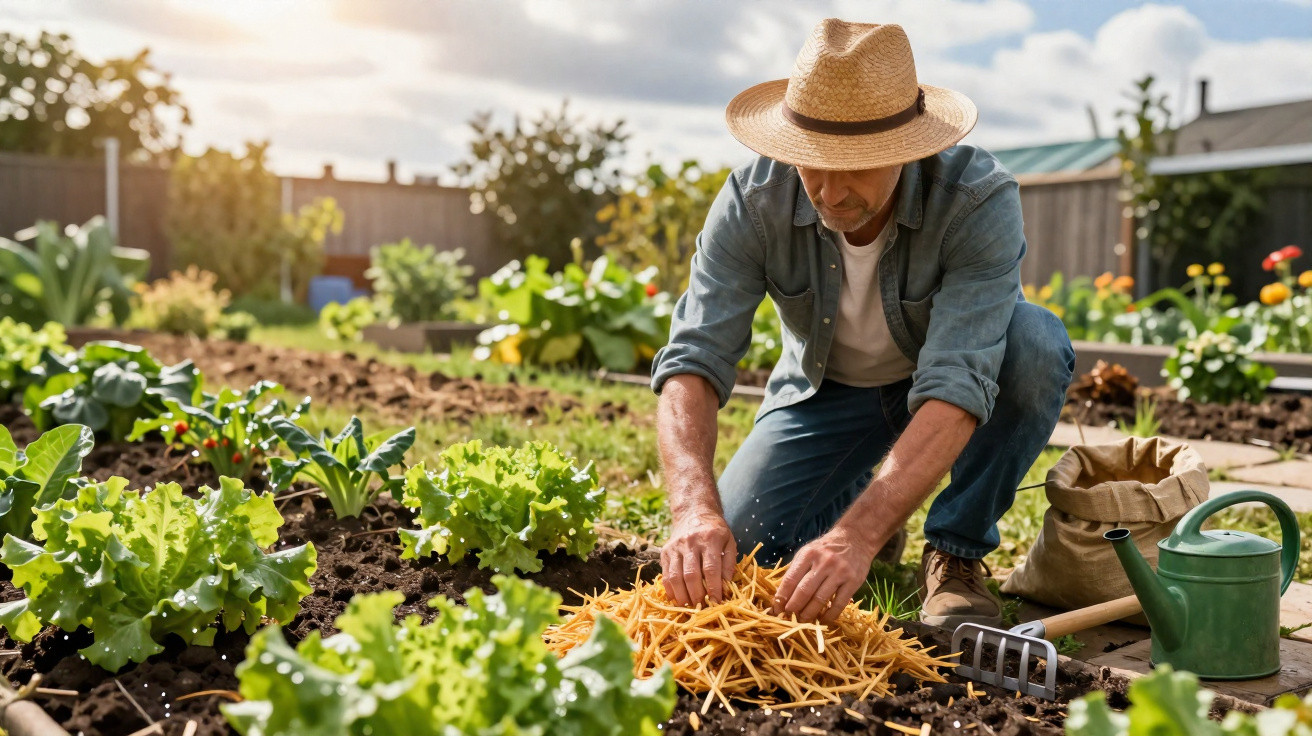 Homem a colocar palha na horta enquanto cuida das plantas num jardim ensolarado.