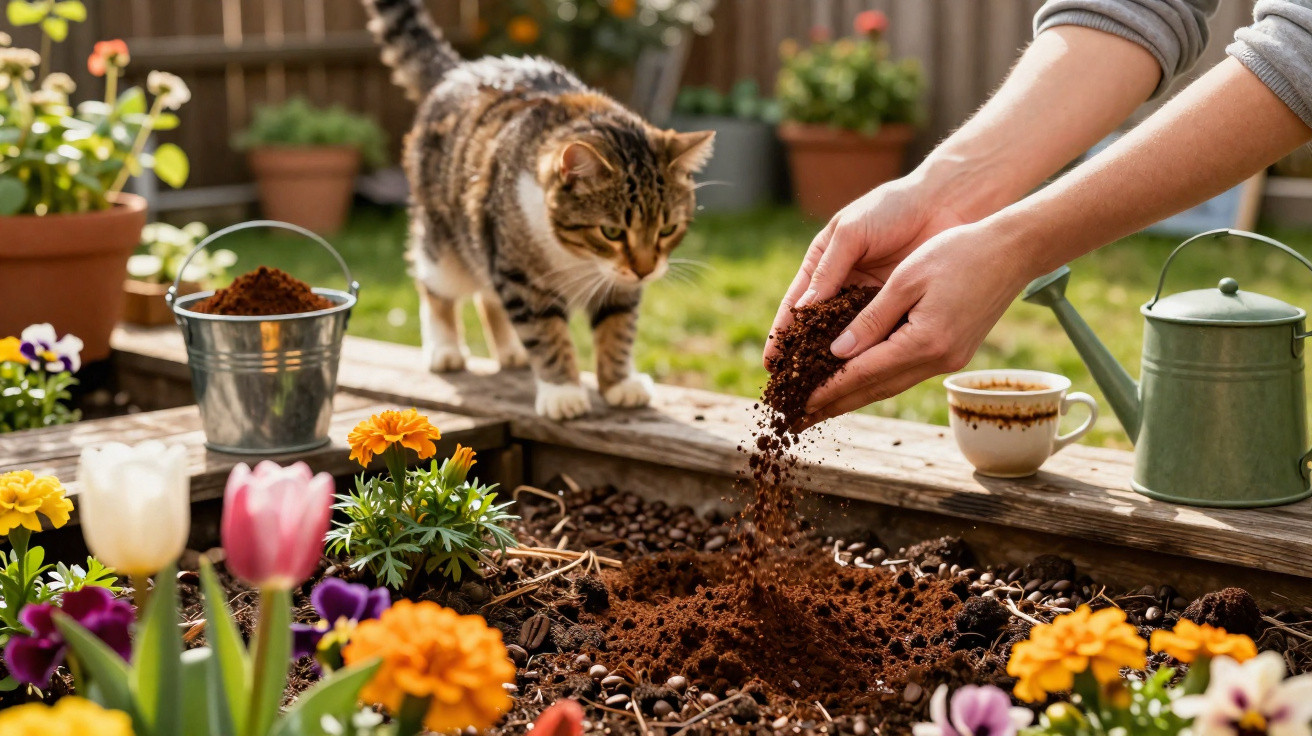 Mãos a preparar terra para plantas num jardim com flores coloridas e gato tabby curioso a observar.