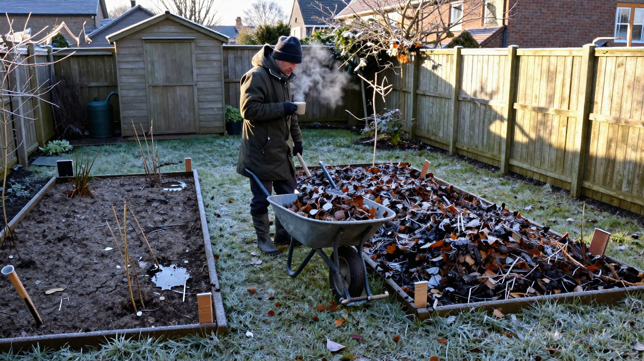 Pessoa agasalhada com chá quente próximo a uma carrinho com folhas secas num jardim com geada.