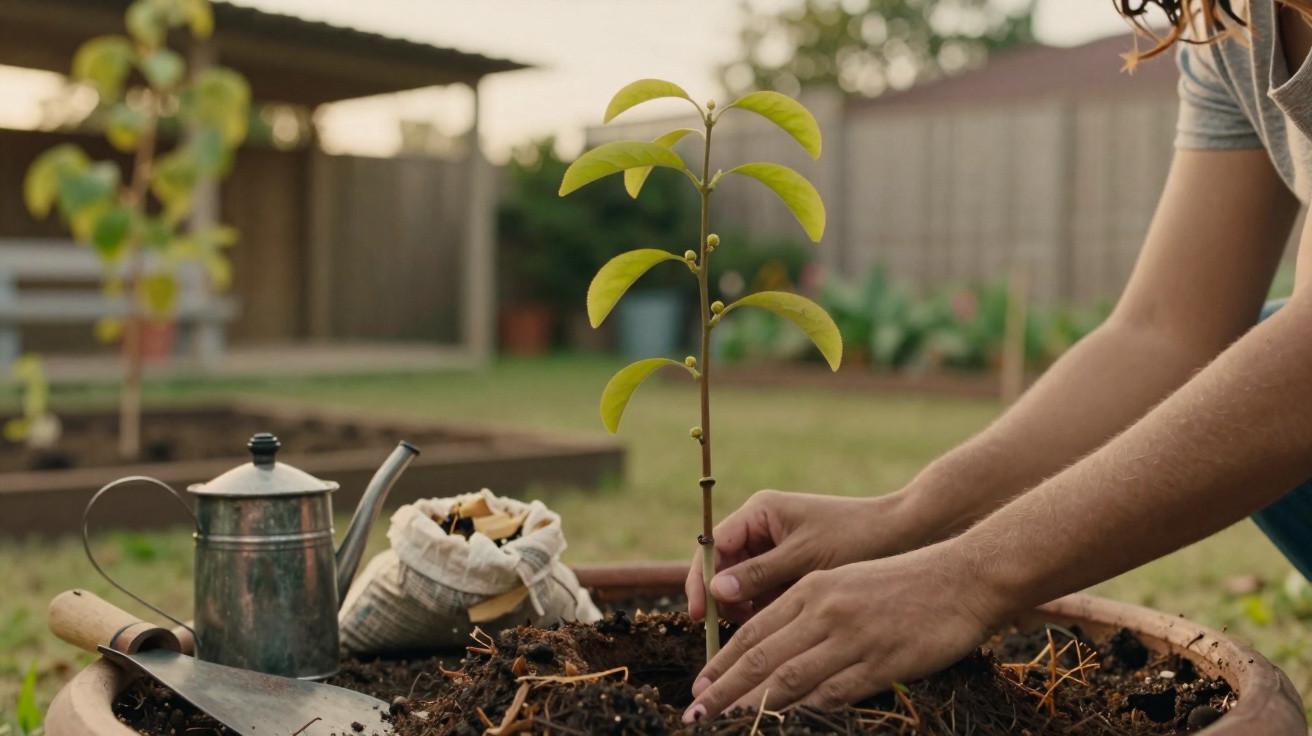 Pessoa a plantar uma muda num vaso com utensílios de jardinagem ao lado num jardim.