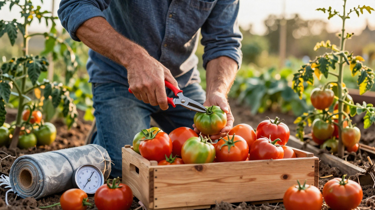 Pessoa a colher tomates com tesoura num campo, caixa de madeira cheia de tomates maduros e verdes.