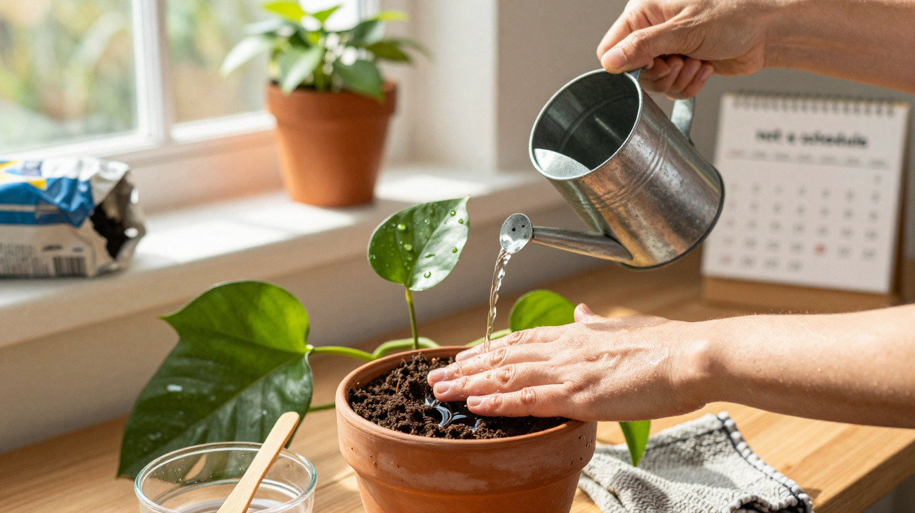 Mãos a regar uma planta em vaso de barro numa mesa junto à janela com luz natural.