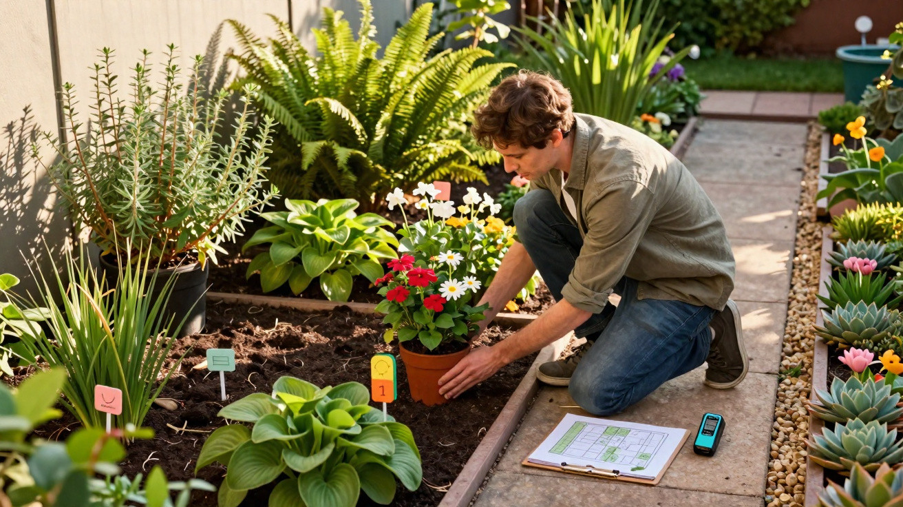 Homem a colocar vaso de flores coloridas num canteiro de jardim com plantas e etiquetas identificativas.