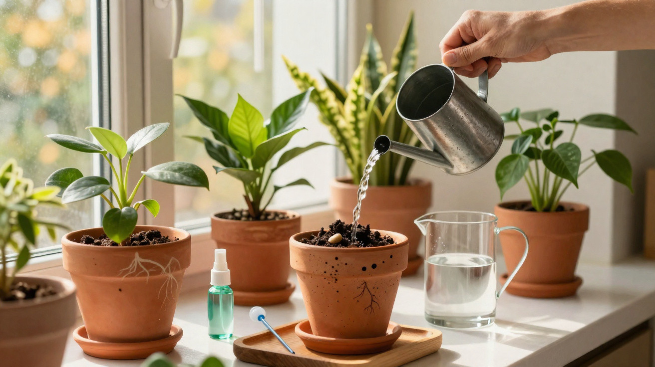Mãos a regar planta num vaso de barro, rodeado de outras plantas num peitoril de janela iluminado.