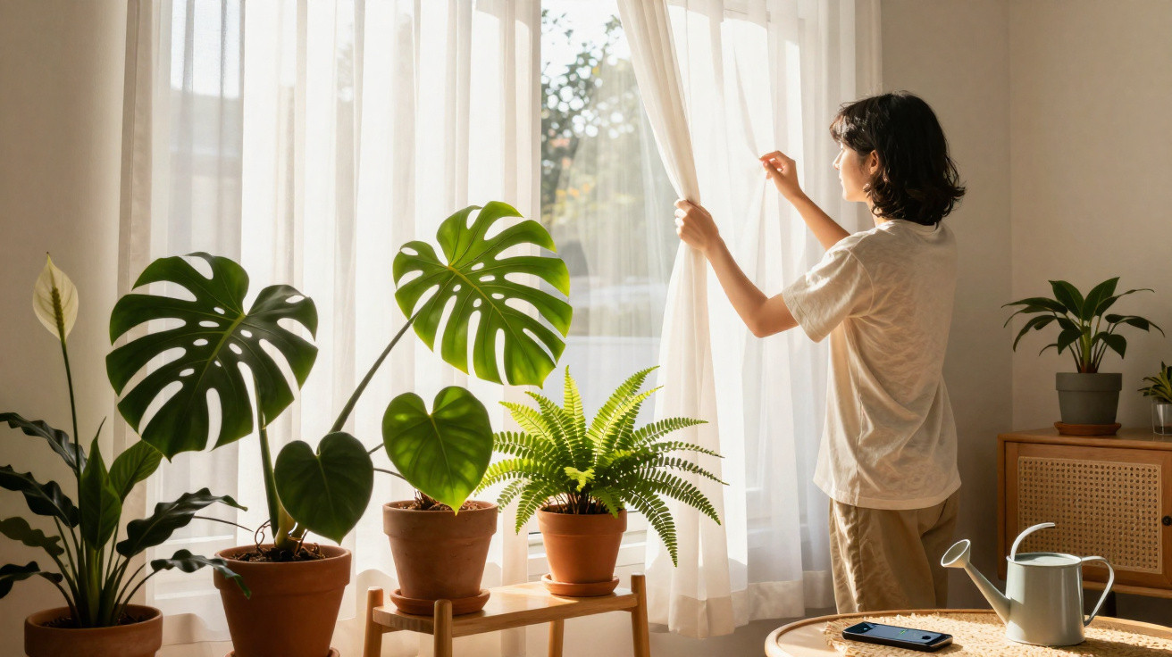 Pessoa a abrir cortinas numa sala iluminada com várias plantas em vasos junto à janela.
