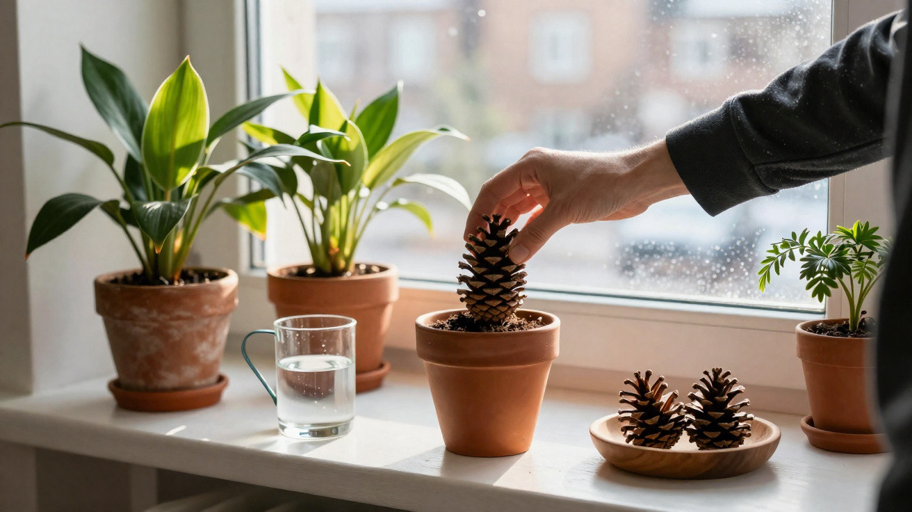 Mão a colocar uma pinha num vaso, com plantas em vasos e um copo de água numa janela com chuva.