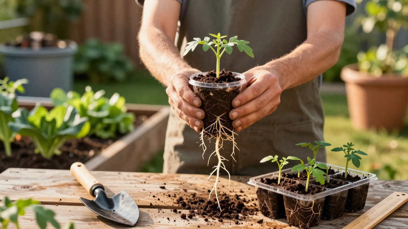 Pessoa a transplantar muda de tomate com raízes visíveis, em ambiente de jardim com ferramentas de plantação.