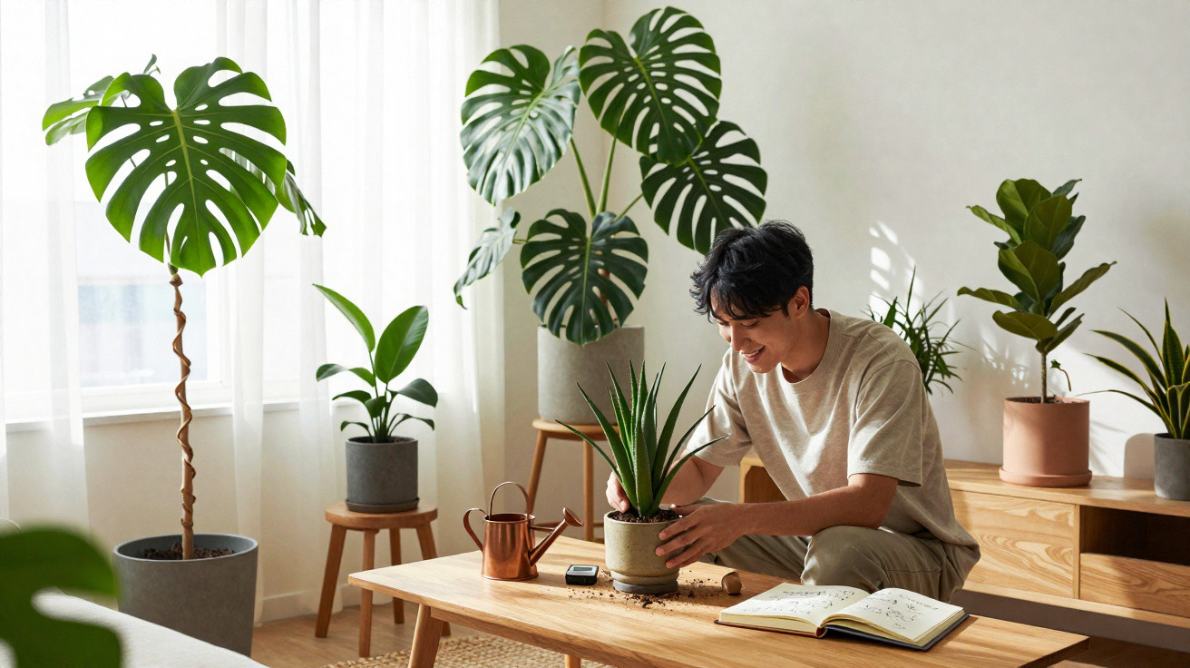 Homem a cuidar de planta numa sala luminosa com várias plantas verdes e decoração simples.