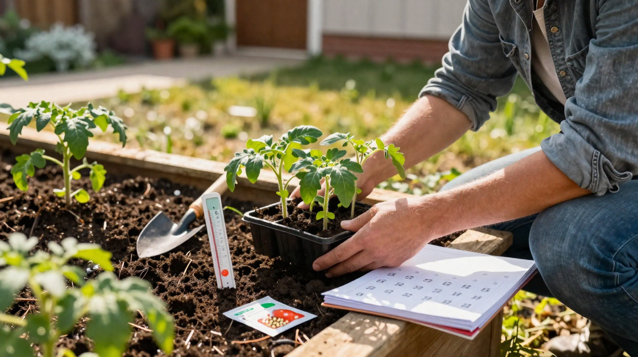 Pessoa a plantar rebentos de tomate numa horta com caderno, sementeira e termómetro de solo ao lado.