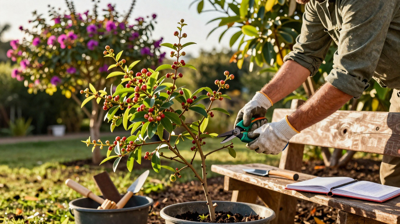 Pessoa a podar planta com tesoura de poda num jardim, com ferramentas e caderno numa bancada de madeira.