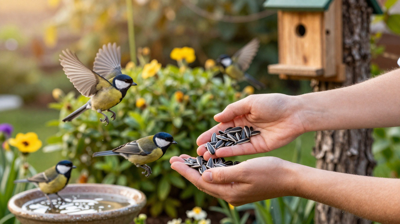 Mãos seguram sementes para alimentar três tentilhões perto de comedouro e flores amarelas num jardim.