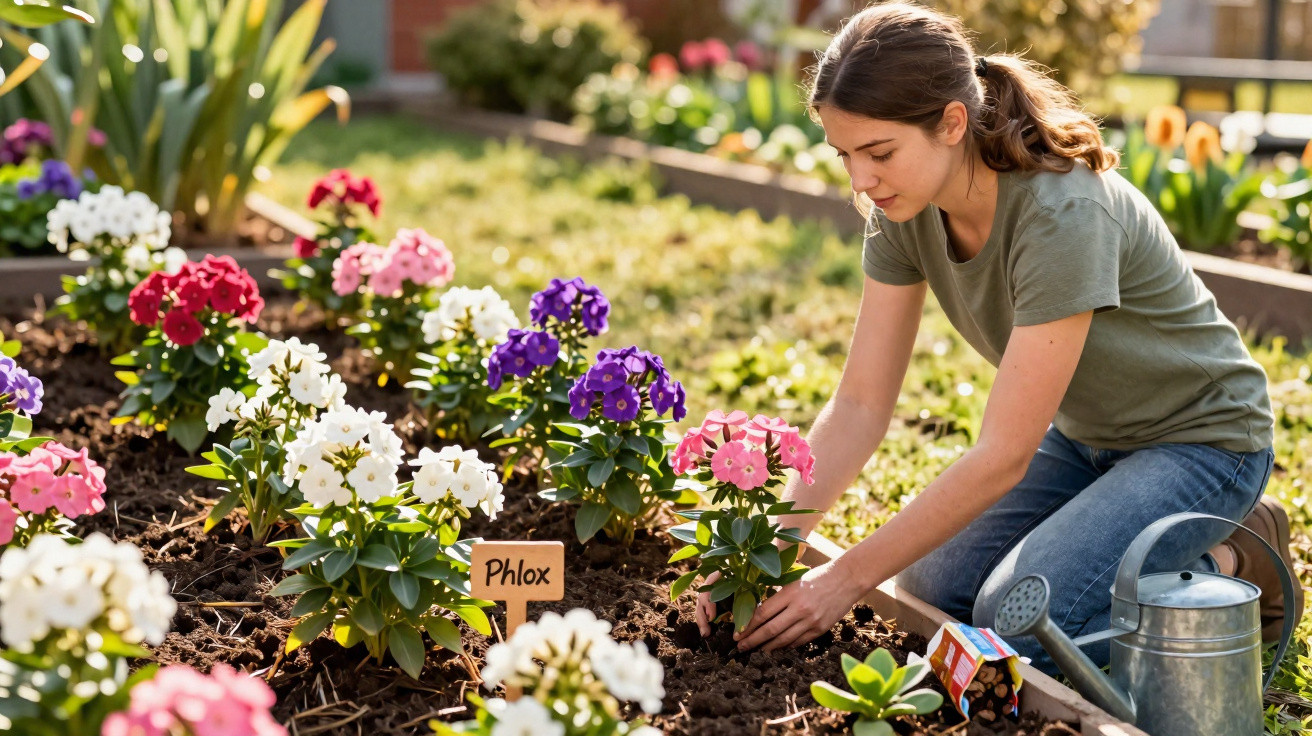 Mulher a plantar flores Phlox coloridas num jardim ensolarado com regador ao lado.
