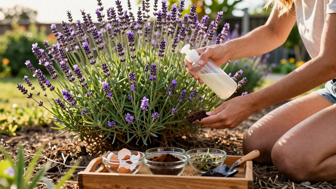 Pessoa regando planta de lavanda com garrafa enquanto está ajoelhada no jardim.