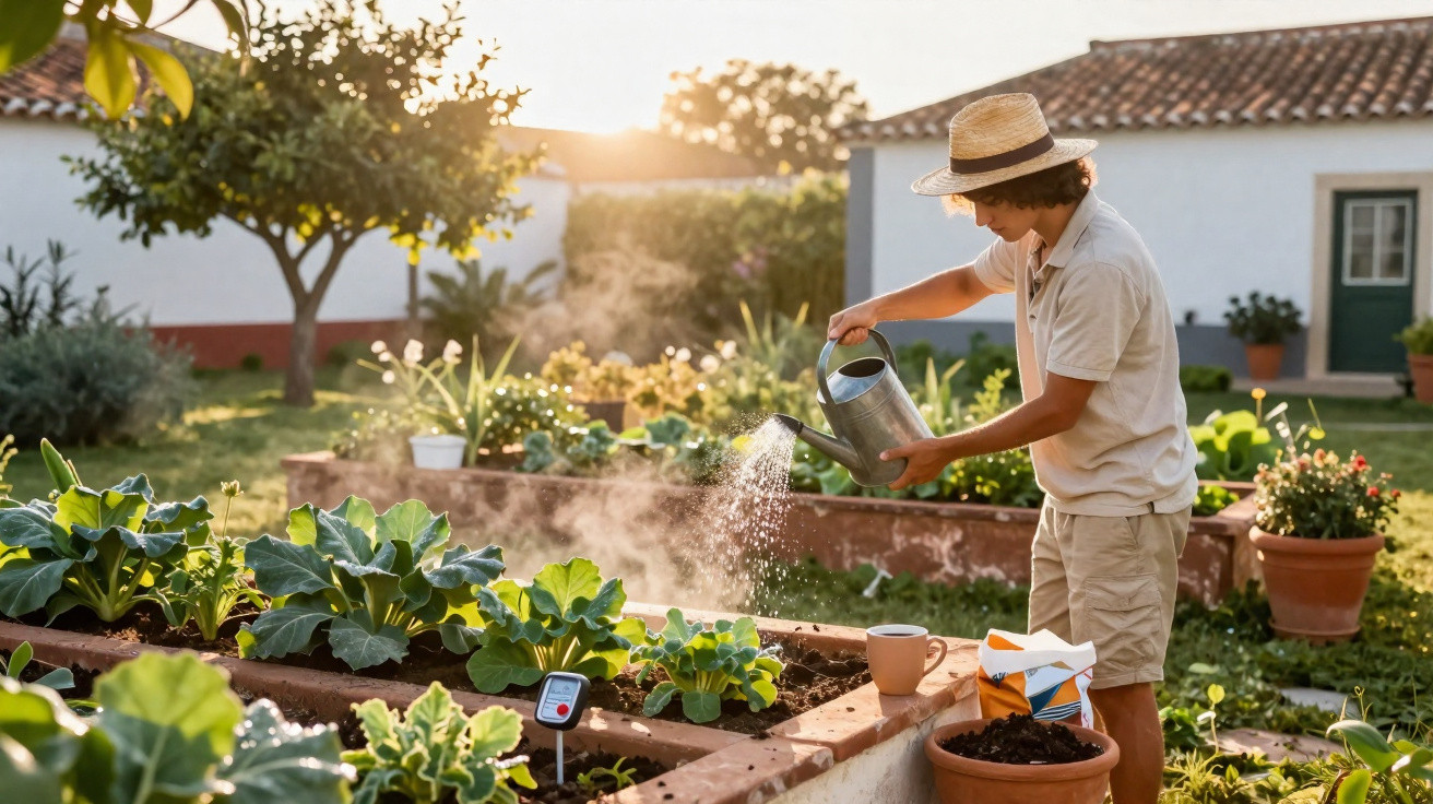 Jovem a regar plantas num jardim ensolarado com regador de metal, usando chapéu e roupas claras.