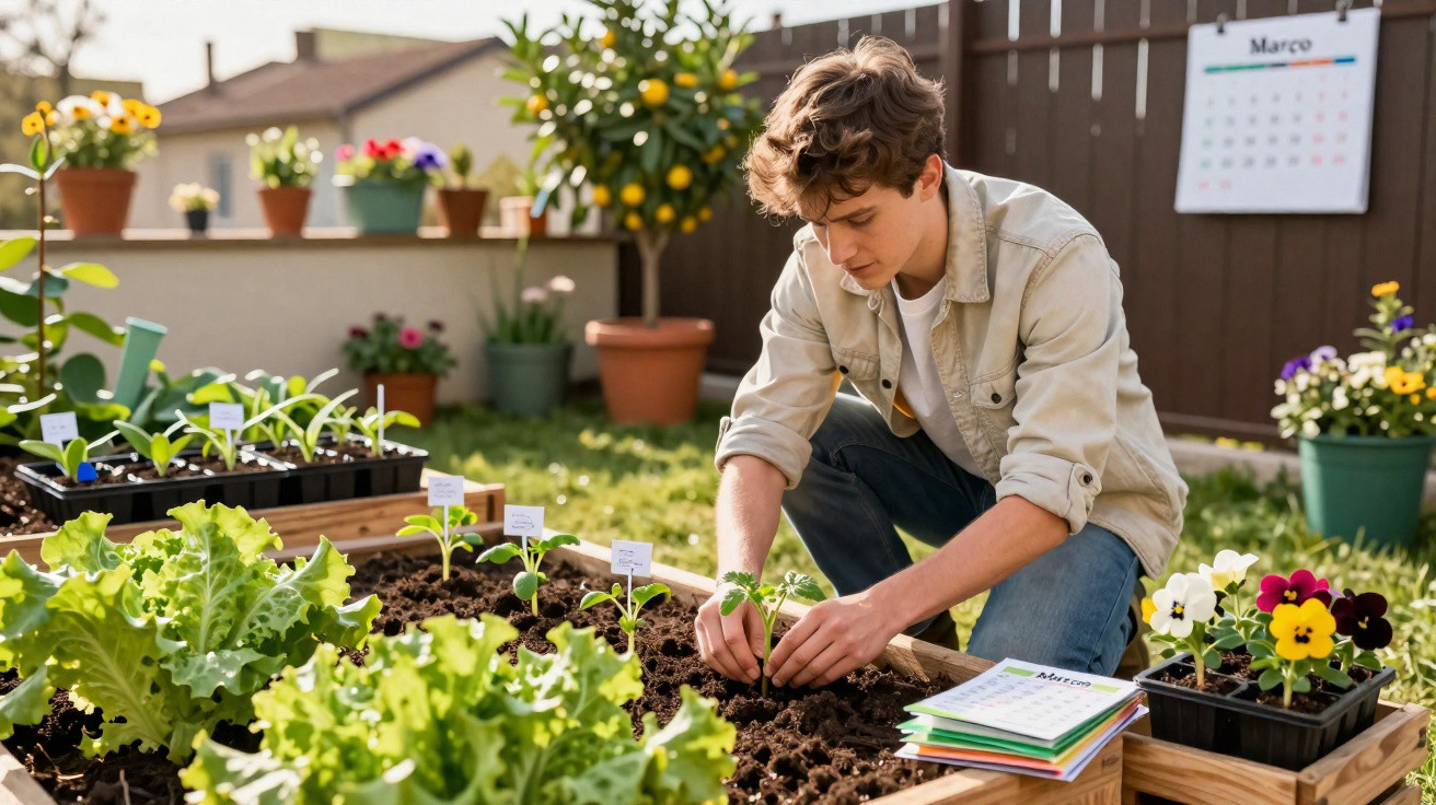 Jovem a cuidar de plantas numa horta em casa, com várias plantas e flores ao redor, num dia ensolarado.