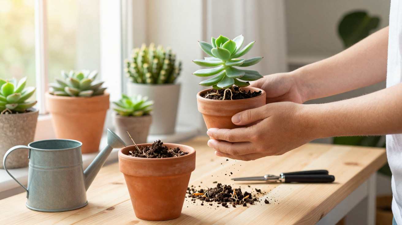 Mãos a transplantar suculenta para vaso de barro numa mesa com regador e várias plantas ao fundo.