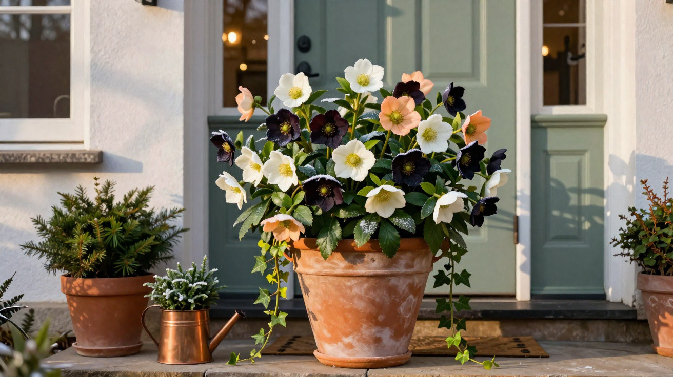 Vaso de barro com flores brancas, laranja e roxas numa entrada de casa com porta verde.