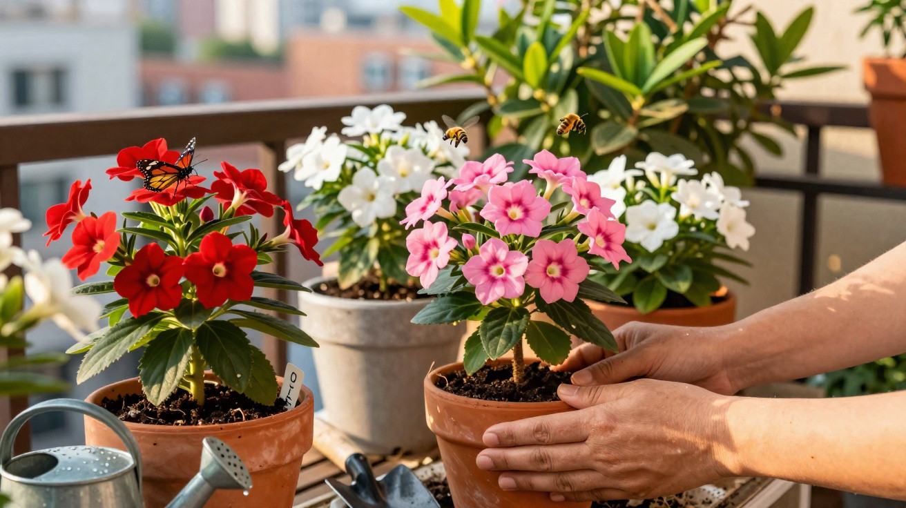 Mãos a cuidar de vasos com flores vermelhas, rosas e brancas numa varanda ensolarada com abelhas e borboleta.