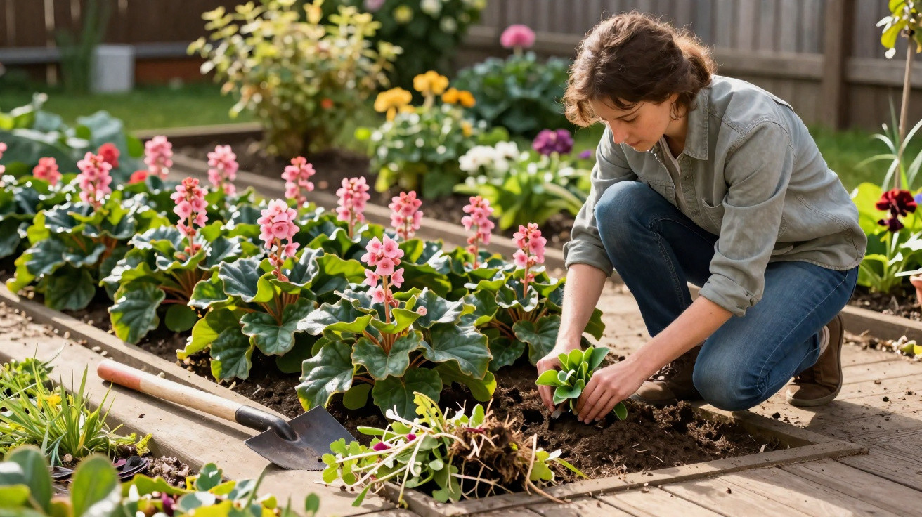 Mulher a plantar flores cor-de-rosa num canteiro de jardim em dia ensolarado.