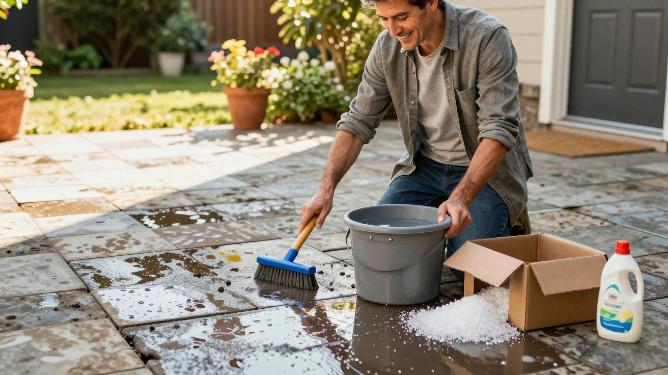 Homem a limpar piso exterior com escova, balde e detergente, alegre num dia soalheiro.