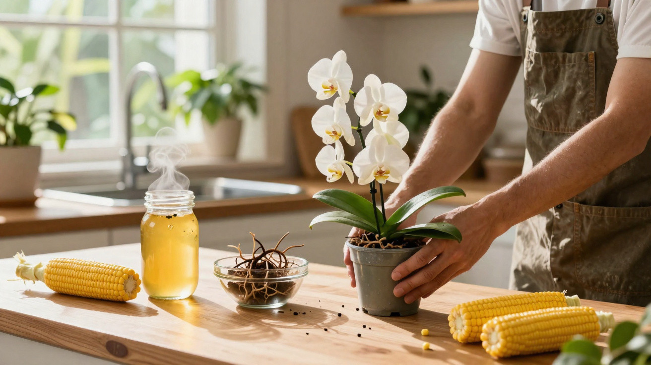 Pessoa a cuidar de orquídea branca numa cozinha com espigas de milho e um frasco de bebida morna.