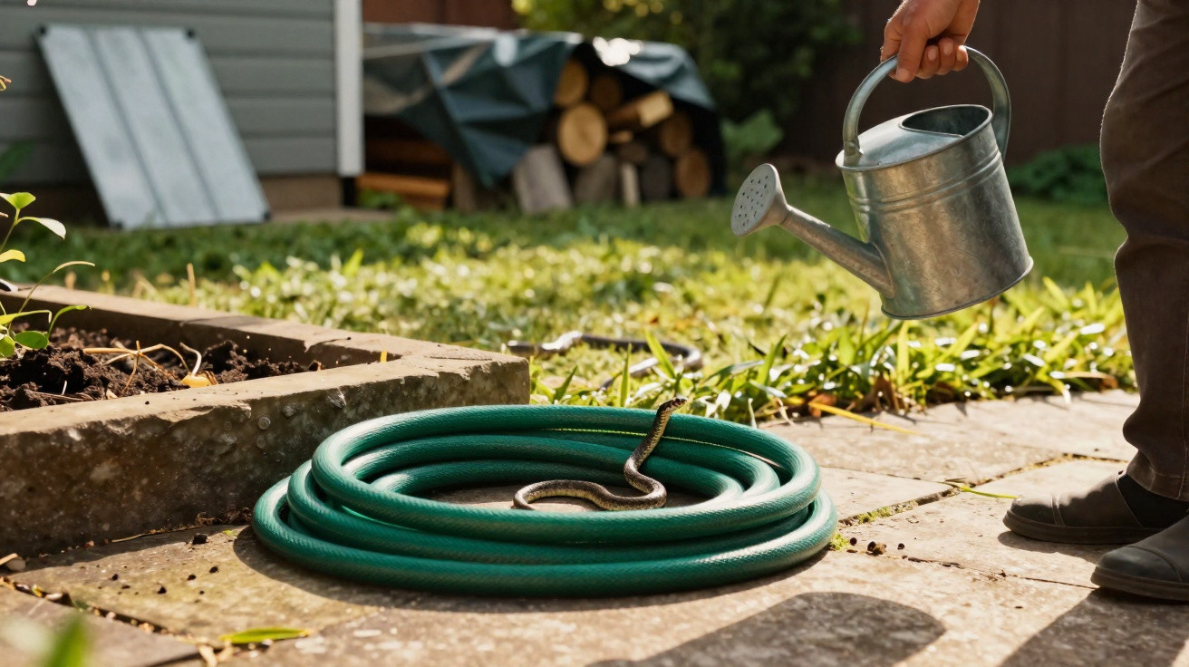 Mão a segurar um regador próximo a uma serpente enrolada numa mangueira verde no jardim.