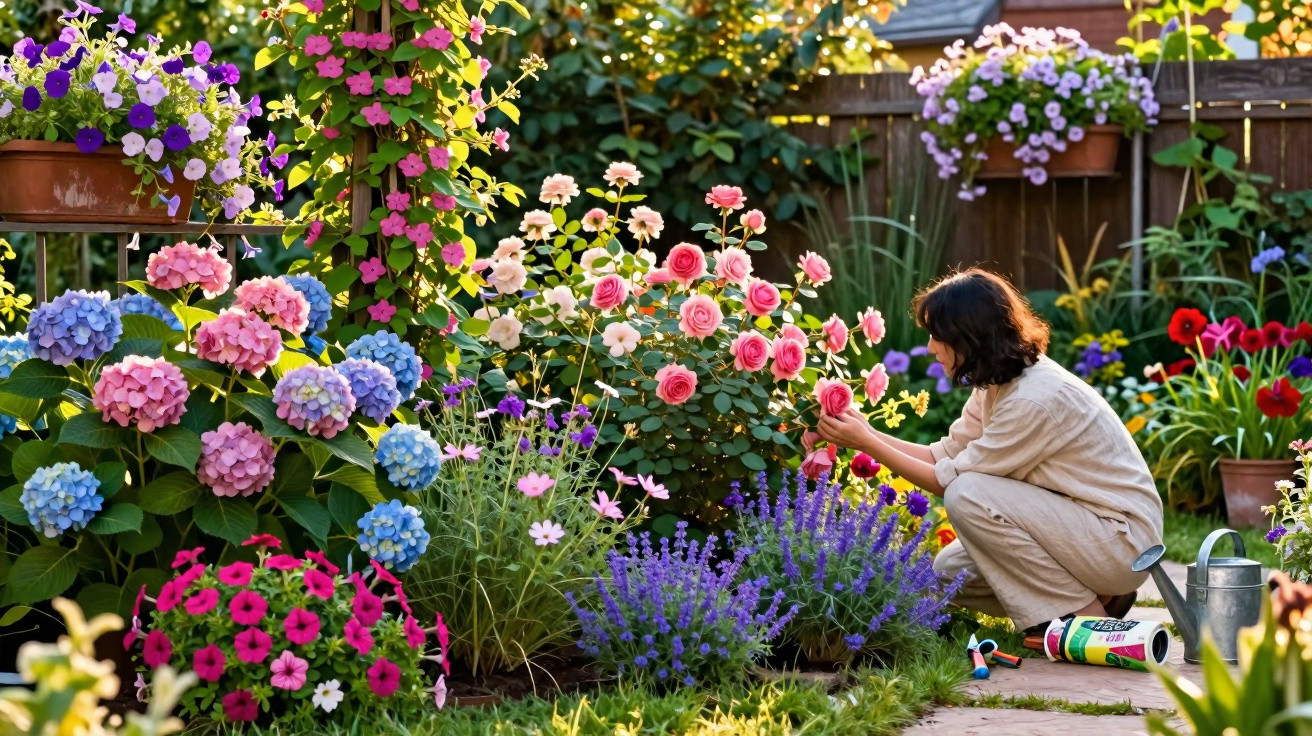 Mulher a cuidar de flores coloridas num jardim cheio de hortênsias, rosas e outras plantas.