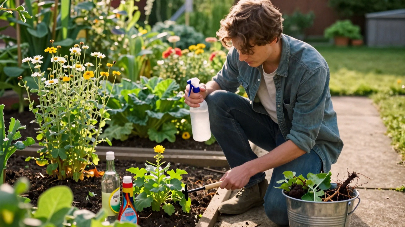 Jovem rega e cuida de plantas num jardim, com ferramentas e balde ao lado, em dia soalheiro.