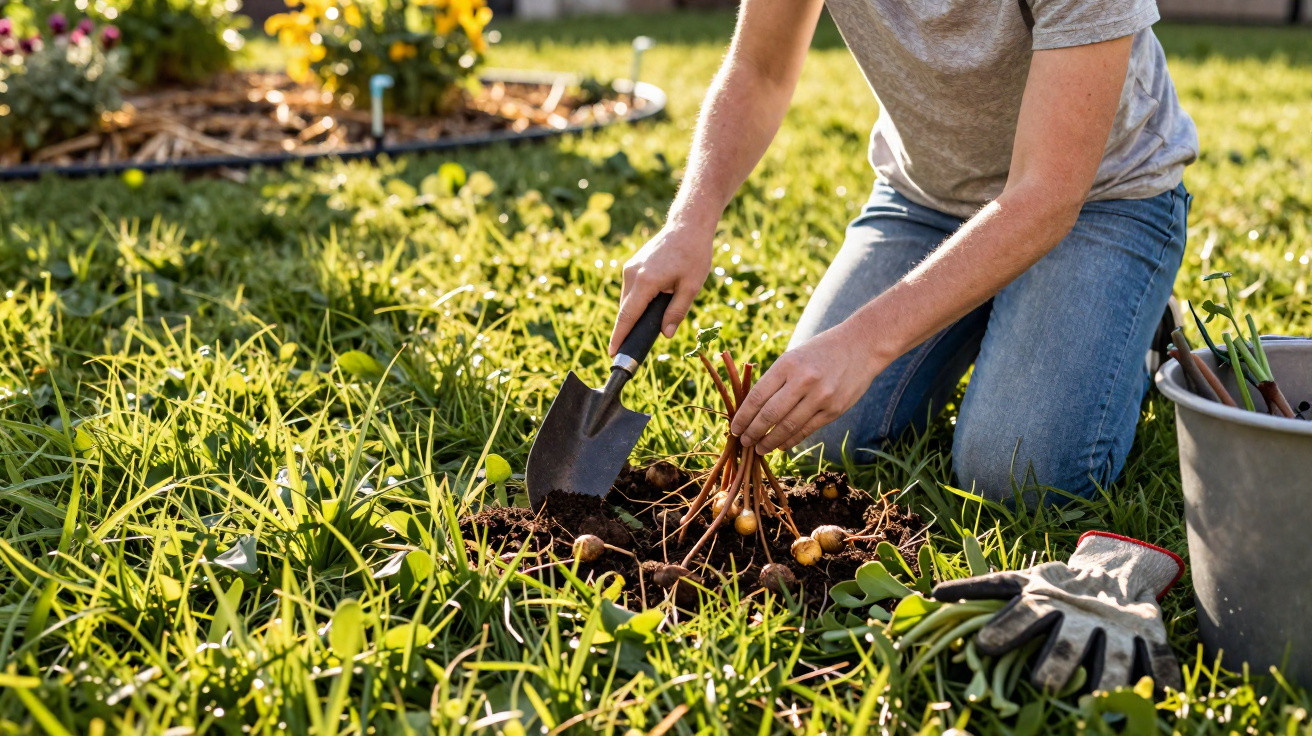 Pessoa a plantar pequenas batatas no solo de um jardim ensolarado, com ferramentas ao lado.