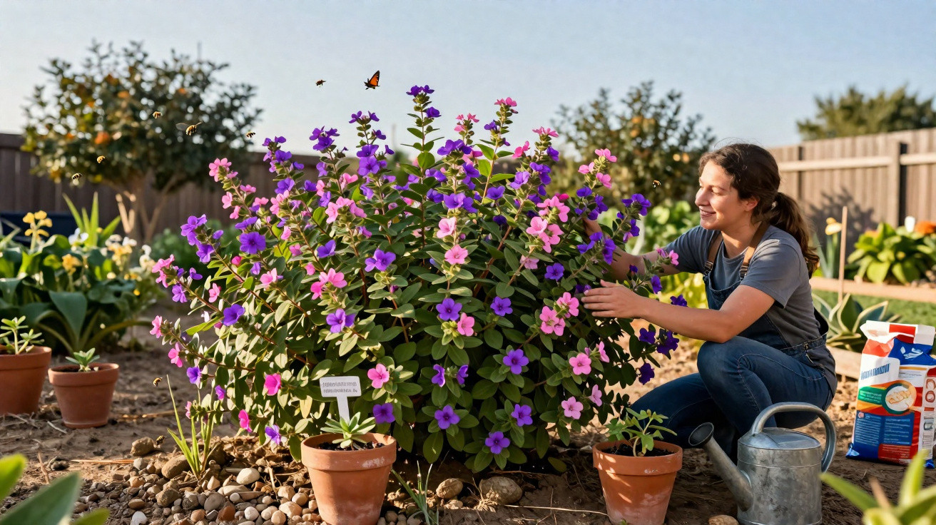 Mulher a cuidar de arbusto com flores roxas e cor-de-rosa num jardim ensolarado.