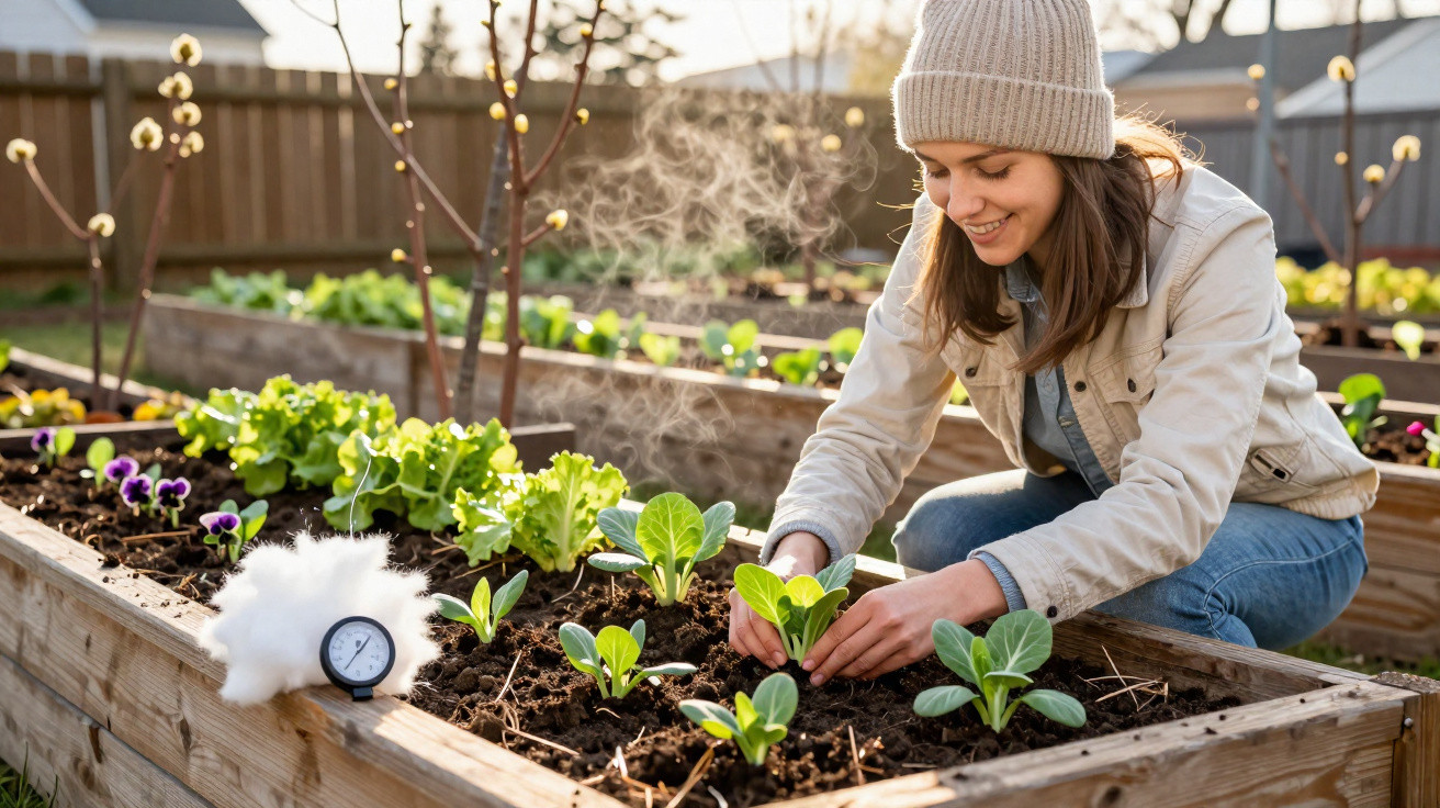 Mulher de gorro a cuidar de plantas verdes em canteiro de madeira com vapor quente visível.