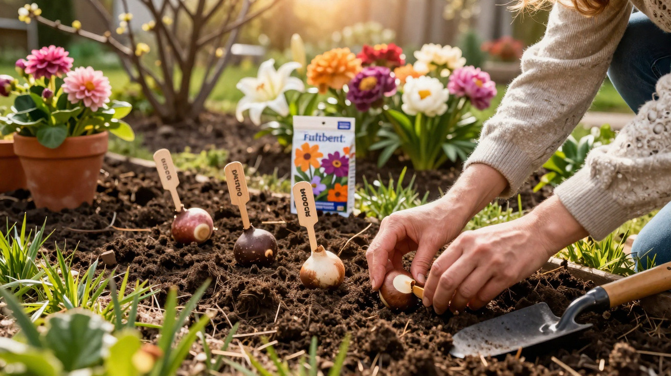 Mãos a plantar bolbos de flores no jardim, com etiquetas e flores coloridas ao fundo.