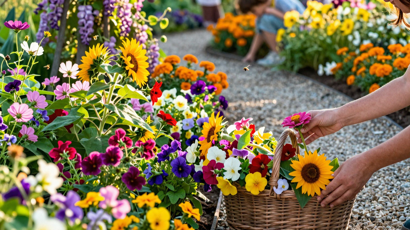 Mãos a apanhar flores coloridas numa cesta junto a canteiros floridos num jardim ensolarado.