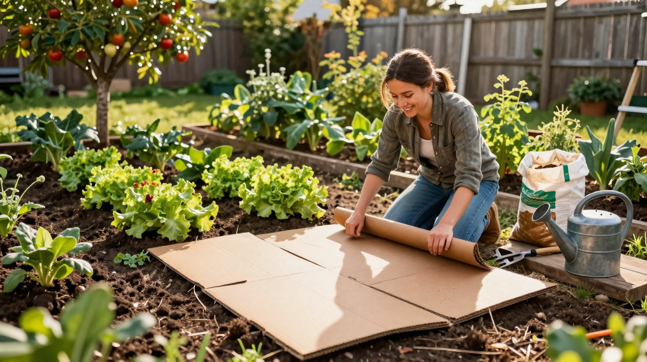 Mulher a preparar canteiro de jardinagem, enrolando cartão no meio de hortas variadas ao ar livre.
