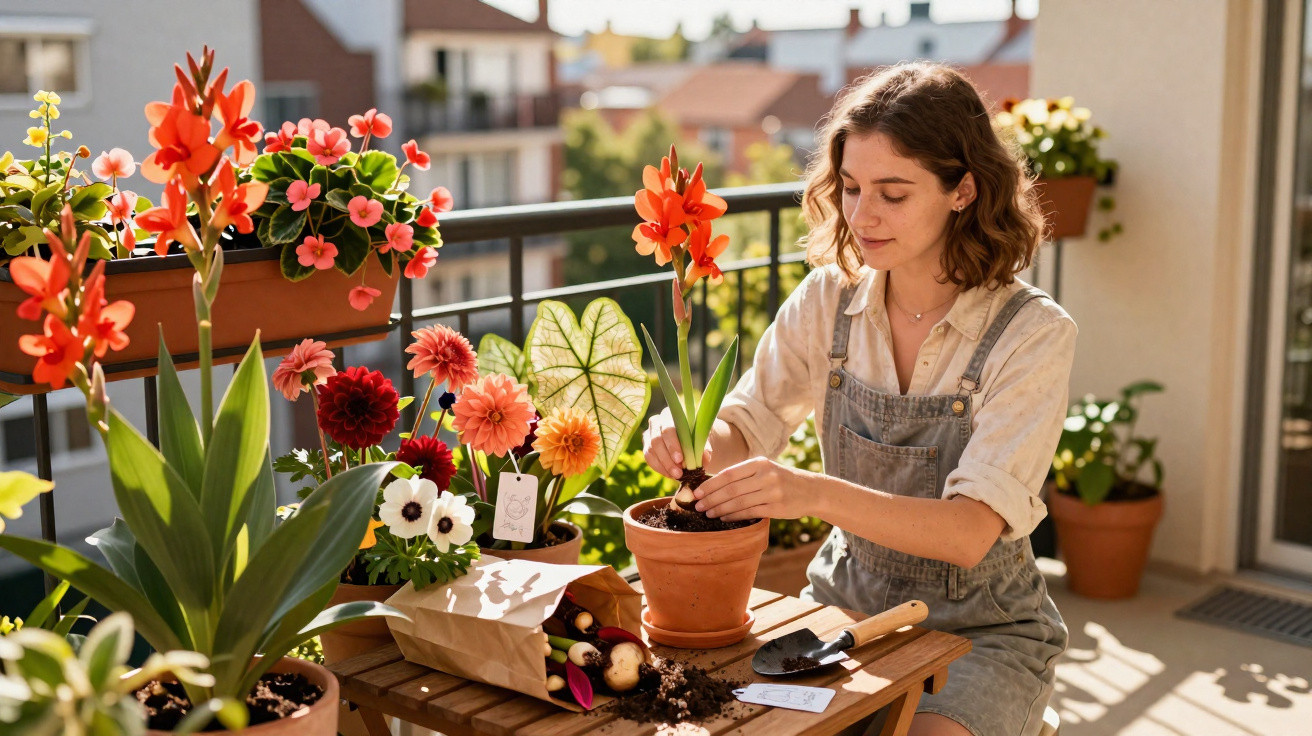 Mulher transplantando planta em vaso num terraço rodeado de flores coloridas ao sol.
