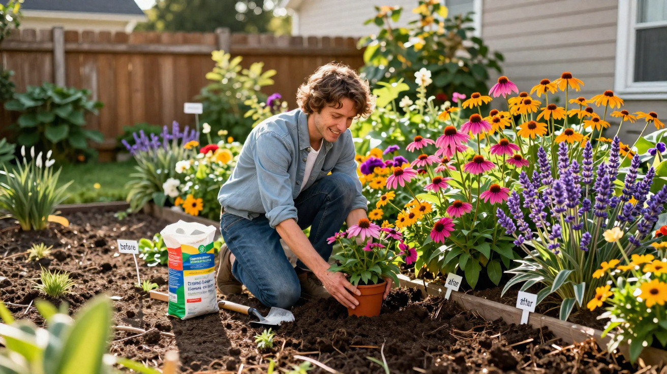 Homem a plantar flores num jardim colorido, rodeado de terra e plantas diversas, num dia ensolarado.