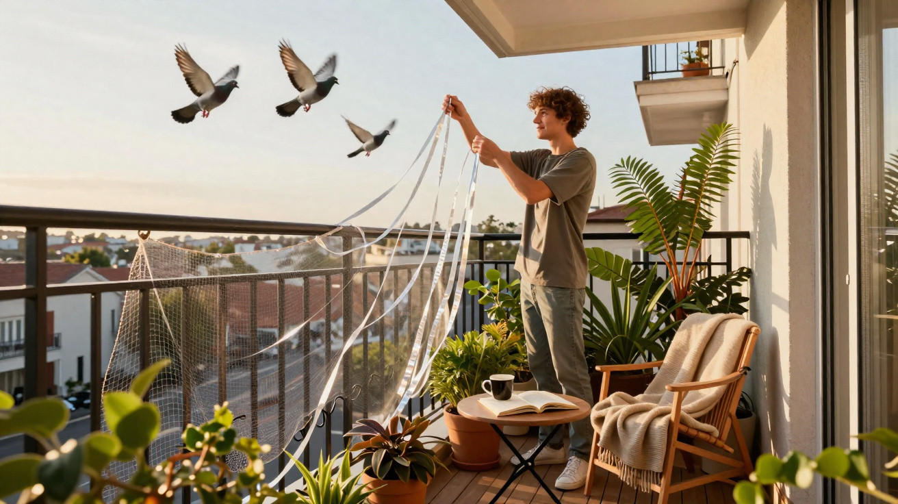 Jovem liberta pombos num varandim com plantas, cadeira e mesa durante o pôr do sol.