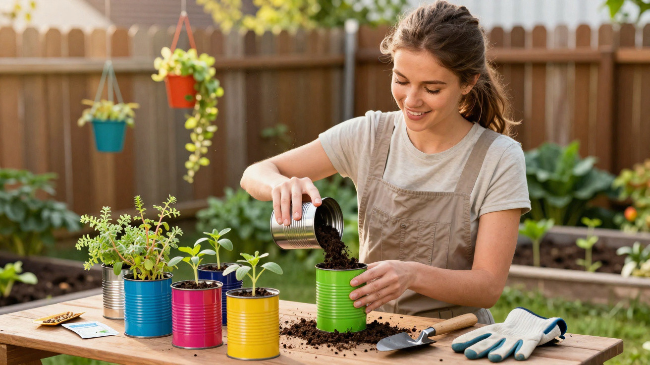 Jovem a plantar mudas em latas coloridas num jardim, sorrindo enquanto acrescenta terra.
