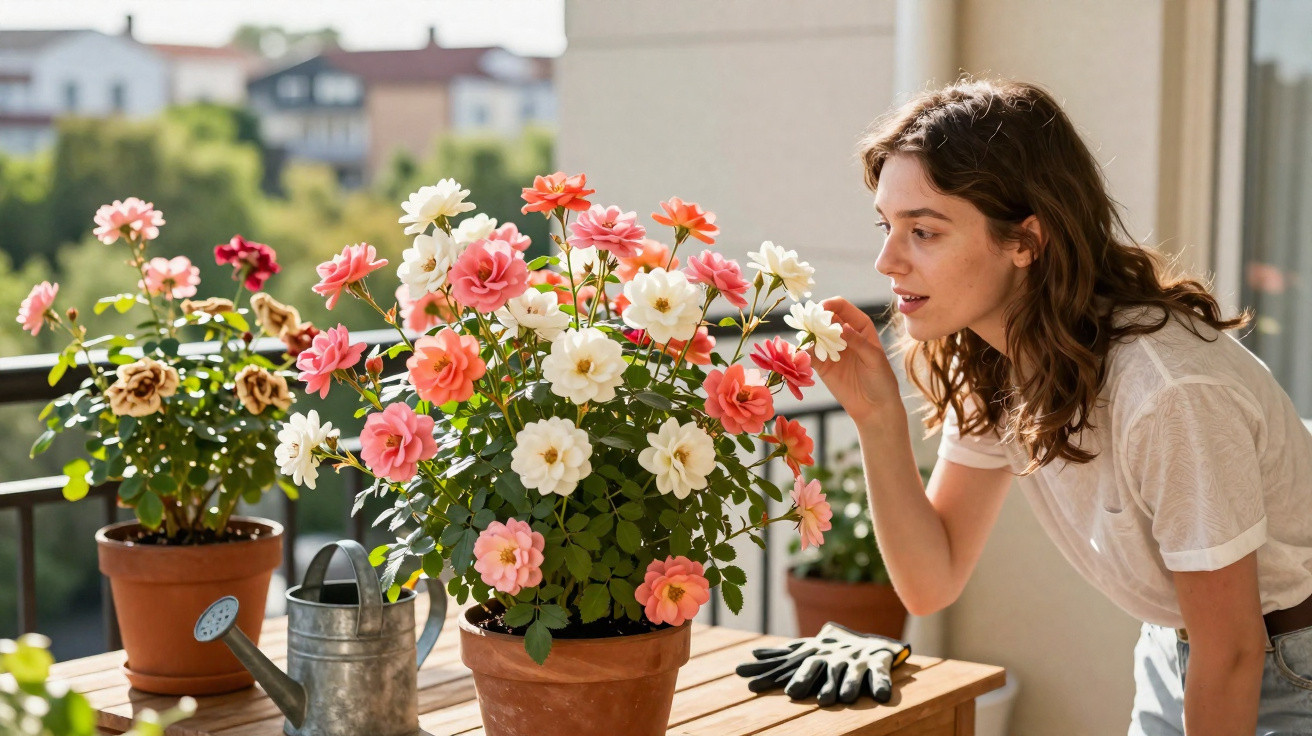 Mulher a cuidar de flores coloridas em vasos numa varanda ensolarada.