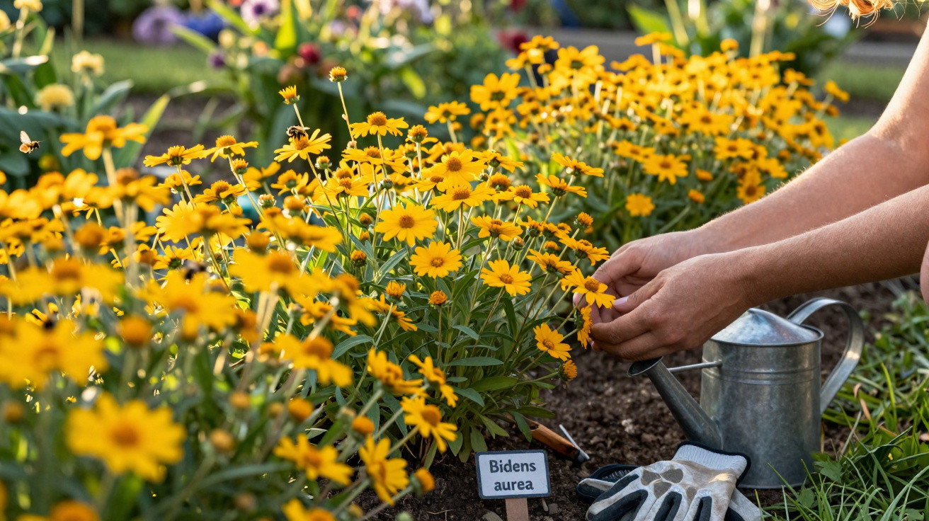 Pessoa a cuidar de flores amarelas Bidens aurea num jardim com regador e luvas no solo.