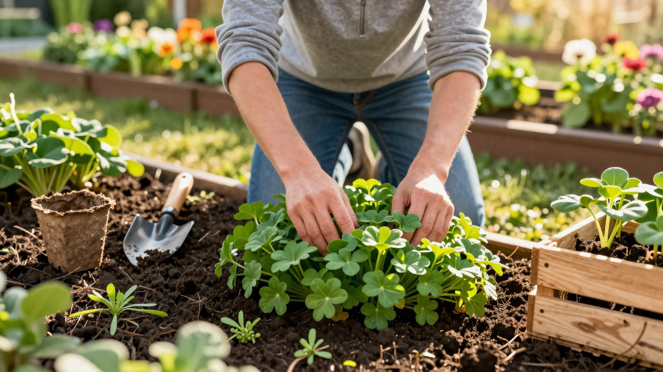 Pessoa a cuidar de plantas num jardim com terra solta e ferramentas de cultivo ao lado.