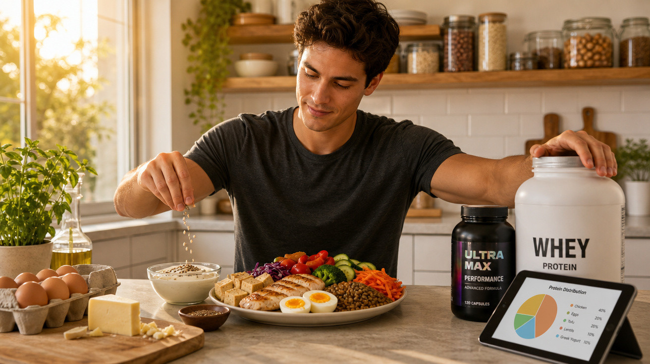 Homem tempera refeição saudável com ovos, legumes e frango numa cozinha luminosa com suplementos de proteína whey.